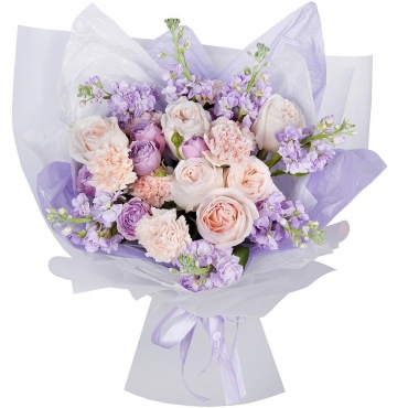 Peony style roses - 5, Peony sprayrose - 2, Carnations - 7, Matthiola Lilac - 7, Wrapping Paper, Ribbon