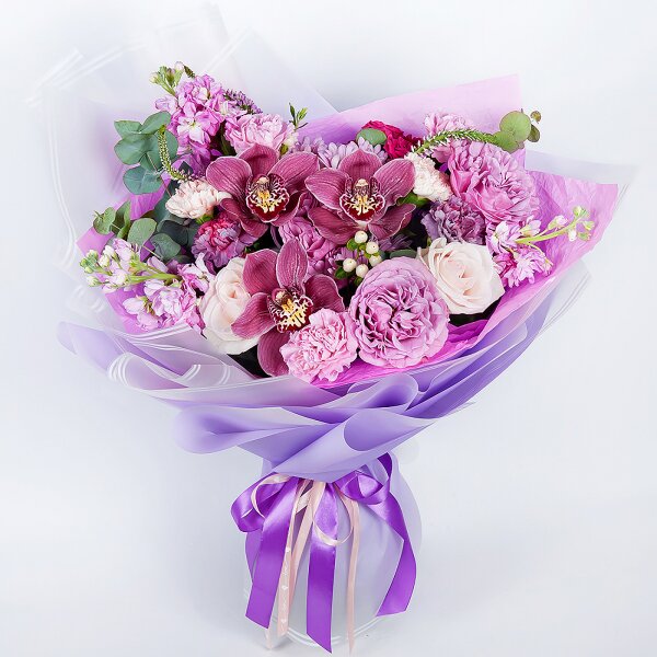Pink Cymbidium Orchid Bud - 3, Pink rose 50 cm - 5, Rose Purple 50 cm Ecuador (Deep Water, Deep Purple, Moody Blue) - 3, Bright pink spray rose mix, 50 cm - 3, Pink Matthiola - 4, Carnation white, cream - 4, Bacardi Pink Spray Chrysanthemum - 3, Lilac carnation - 2, Pink carnation - 5, Flask for orchids, Eucalyptus Cinerea, Veronica spray, Hypericum, Wrapping Paper