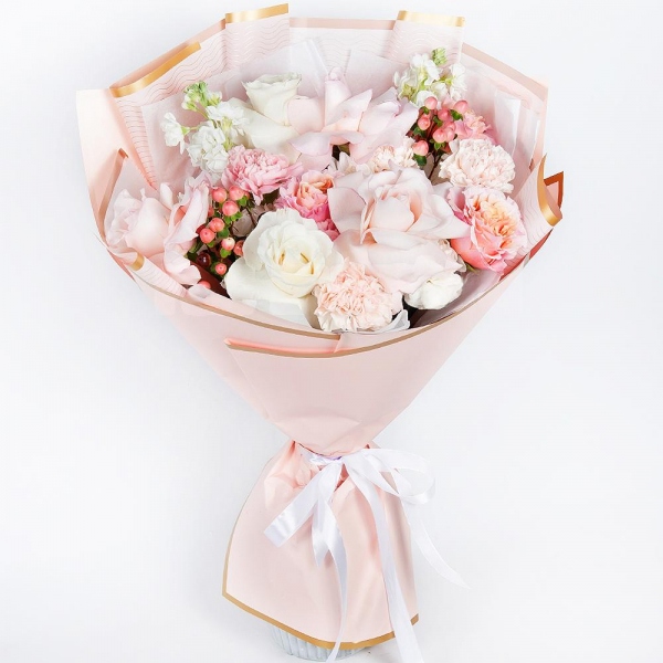 Rose Pink 50 cm Ecuador (Chelo, Hermosa, Novia, Titanik, Engagement, Pink Mondiale) - 3, White rose 50 cm Ecuador - 2, Peony rose Kahala 50 cm - 4, Pink carnation - 4, White Matthiola - 3, Baltica White Spray Chrysanthemum - 2, Carnation white, cream - 3, Hypericum, Wrapping Paper, Ribbon