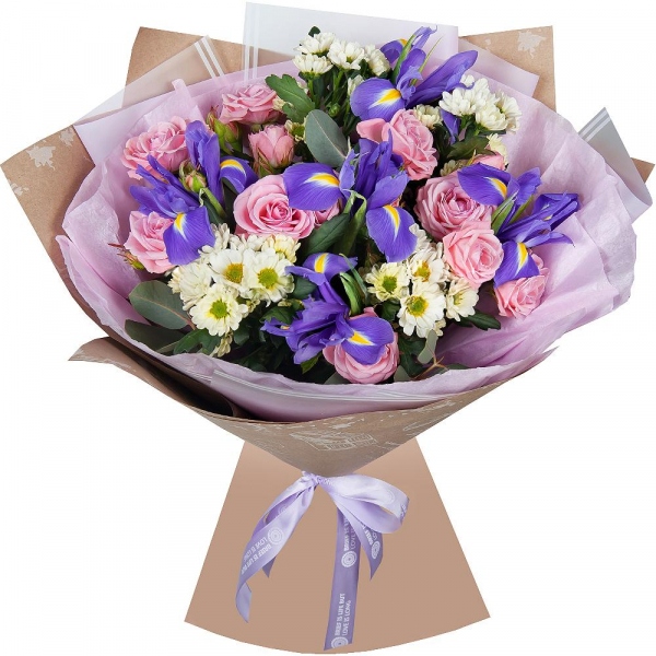 Irises - 7, Santini White Spray Chrysanthemum - 5, Bright pink spray rose mix, 50 cm - 3, Eucalyptus Cinerea, Wrapping Paper