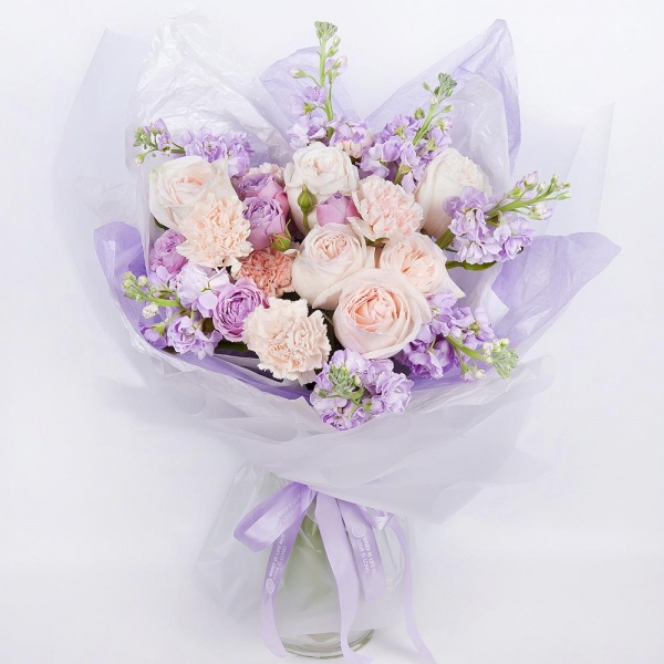 Peony style roses - 7, Spray peony rose Lavander, 50 cm - 2, Carnation white, cream - 10, Matthiola Lilac - 7, Wrapping Paper