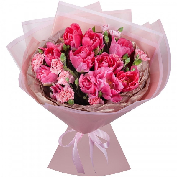 Pink tulip - 19, Pink spray carnation - 8, Wrapping Paper