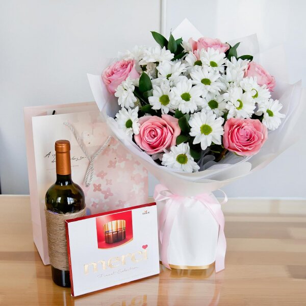 Bacardi White Spray Chrysanthemum - 5, Pink rose 50 cm - 7, Salal, Wrapping Paper, Ribbon, Present bag, Сhocolate box Merci, Non-alcoholic champagne or wine