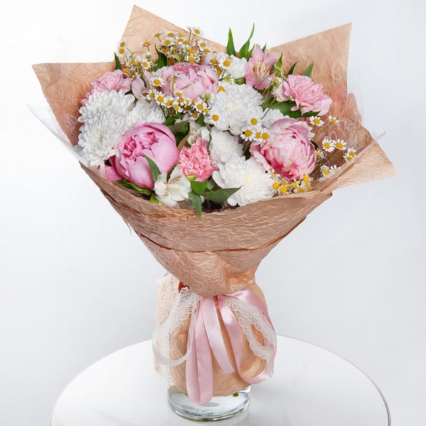 Peony pink - 3, Baltica White Spray Chrysanthemum - 4, Chamomile - 3, Alstromeria white, soft pink - 5, Pink carnation - 5, Wrapping Paper