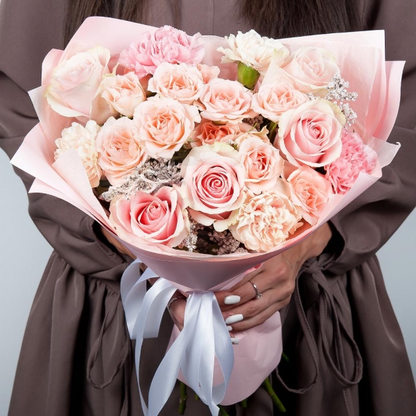 Bright pink spray rose mix, 50 cm - 3, Pink rose 50 cm - 7, Carnation white, cream - 4, Pink carnation - 5, Solidago (1 pc.), Wrapping Paper