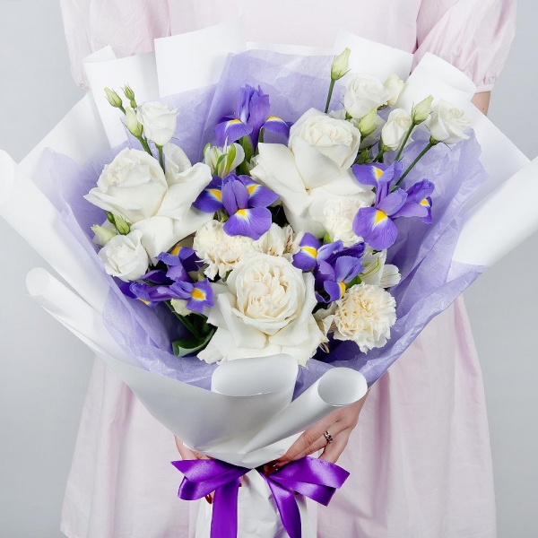 Irises - 7, White rose 50 cm Ecuador - 3, lisianthus - 2, Alstromeria white, soft pink - 4, Carnation white, cream - 6, Wrapping Paper
