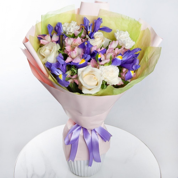 Irises - 5, White rose 50 cm - 5, Alstromeria white, soft pink - 4, Carnation white, cream - 5, Wrapping Paper
