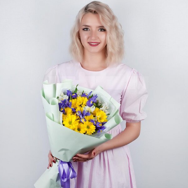 Bacardi Yellow Spray Chrysanthemum - 3, Irises - 6, Alstromeria white, soft pink - 4, Wrapping Paper