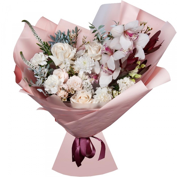 White Cymbidium Orchid Bud - 5, White rose 50 cm Ecuador - 5, Spray rose: white, cream, light pink 50 cm - 2, Baltica White Spray Chrysanthemum - 2, Carnation white, cream - 3, lisianthus - 1, White Matthiola - 1, Leukodendron, Veronica spray, Pistachio, White statice, Waxflower (1 pc.), Wrapping Paper