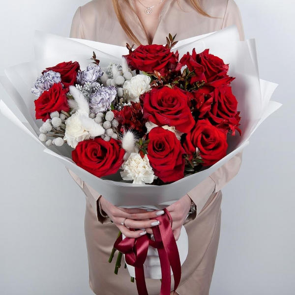 Red rose 50 cm - 12, Alstromeria Red, Bright Pink - 8, Carnation white, cream - 3, Carnation white, cream - 9, Pistachio, Dried flowers in assortment, Solidago (1 pc.), Wrapping Paper, Brunia Green Lanuginosa (1 pc.)