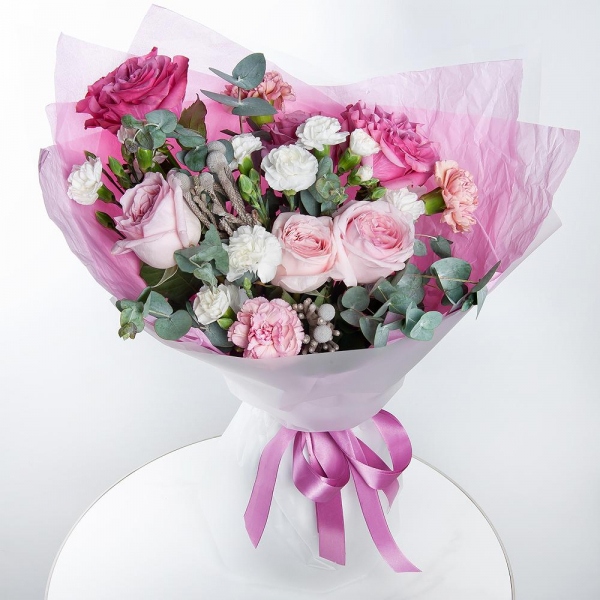 Peony rose pink 'OHara' - 3, Pink rose Country Blues 50 cm - 4, White spray carnation - 4, Pink carnation - 4, Brunia Green Lanuginosa (1 pc.), Eucalyptus, Wrapping Paper