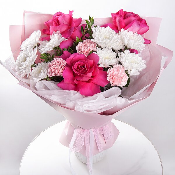 Rose Pink 50 cm Ecuador (Chelo, Hermosa, Novia, Titanik, Engagement, Pink Mondiale) - 3, Baltica White Spray Chrysanthemum - 3, Pink carnation - 5, Pistachio, Wrapping Paper