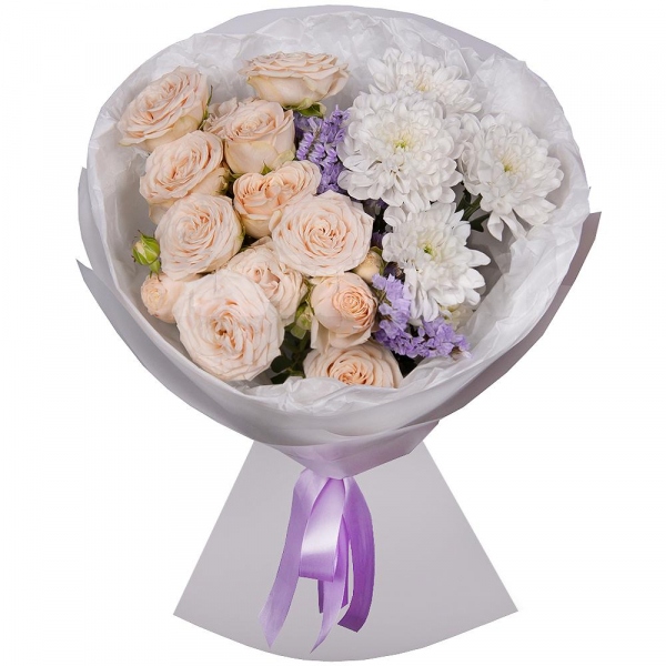 Peony sprayrose - 2, Baltica White Spray Chrysanthemum - 2, Blue Statice, Wrapping Paper