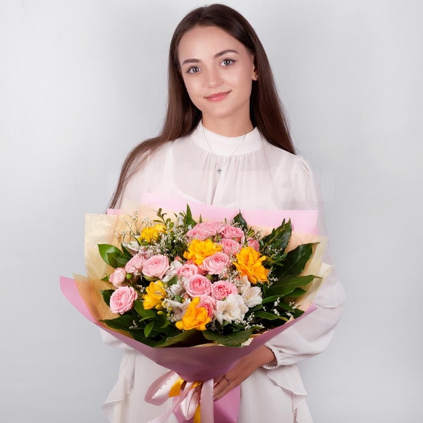 Bright pink spray rose mix, 50 cm - 3, Freesia - 5, Alstromeria white, soft pink - 6, Limonium (1 pc.), Pistachio, Fatsia (1 pc.), Wrapping Paper