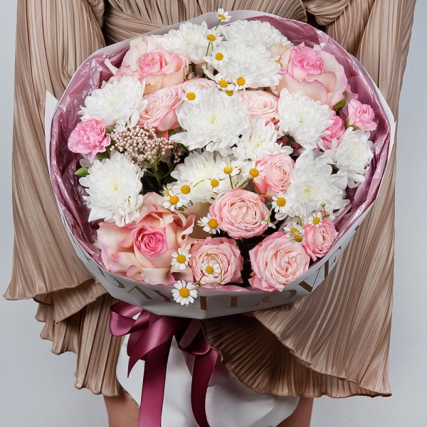 Baltica White Spray Chrysanthemum - 3, Rose Esperance - 3, Chamomile - 3, Peony sprayrose - 2, White spray carnation - 2, Ozotamnus, Wrapping Paper