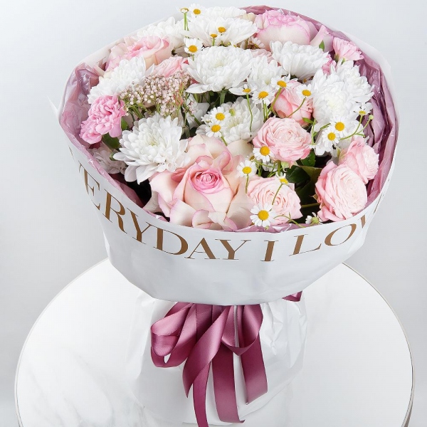 Baltica White Spray Chrysanthemum - 3, Rose Esperance - 3, Chamomile - 3, Peony sprayrose - 2, White spray carnation - 2, Ozotamnus, Wrapping Paper