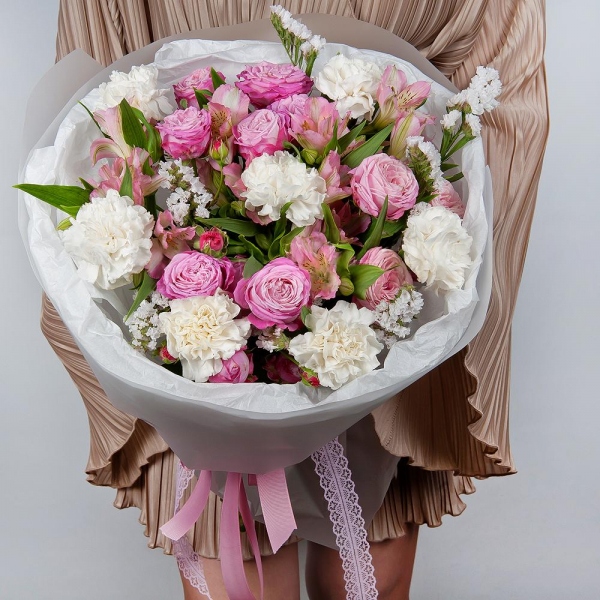 Spray peony rose Misty Bubbles, 50 cm - 3, Carnation white, cream - 9, Alstromeria white, soft pink - 6, White statice, Wrapping Paper