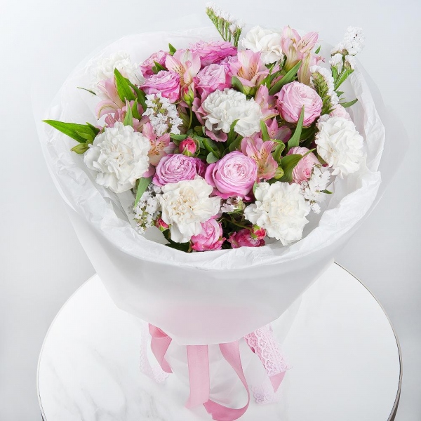 Spray peony rose Misty Bubbles, 50 cm - 3, Carnation white, cream - 9, Alstromeria white, soft pink - 6, White statice, Wrapping Paper