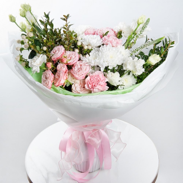 Baltica White Spray Chrysanthemum - 3, Peony sprayrose - 2, lisianthus - 2, Pink carnation - 7, Veronica spray, Hypericum, Pistachio, Wrapping Paper