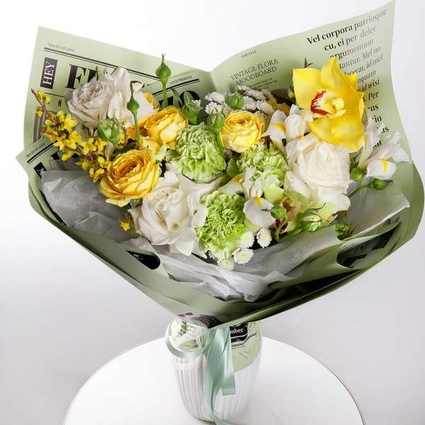 Orchid bud yellow/brown Cymbidium - 1, Green carnation - 7, White iris - 5, Athos poms Stallion - 3, Peony sprayrose - 2, White rose 50 cm Ecuador - 5, Green Cymbidium Orchid Bud - 1, Flask for orchids, Artificial branch, Wrapping Paper