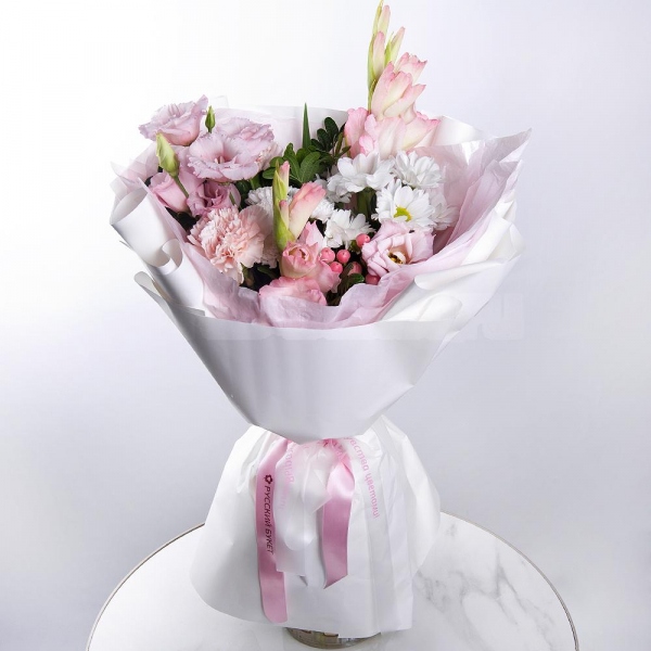 Pink Gladiolus - 2, Bacardi White Spray Chrysanthemum - 1, Pink carnation - 2, Baltica White Spray Chrysanthemum - 1, Pink Lisianthus (Eustoma) - 1, Pistachio, Wrapping Paper