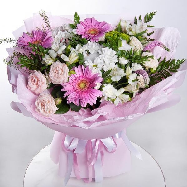 Gerbera pink - 3, Peony sprayrose - 2, Bacardi White Spray Chrysanthemum - 3, White spray carnation - 5, Alstromeria white, soft pink - 5, Veronica spray, Pistachio, Green bell (1 pc.), Fern (1 pc.), Wrapping Paper