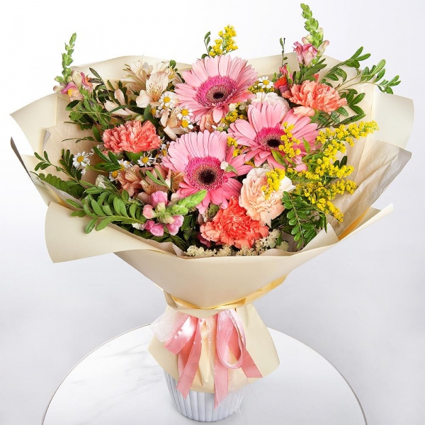 Gerbera pink - 5, Chamomile - 2, Pink carnation - 5, Alstromeria white, soft pink - 6, Pink Matthiola - 3, Carnation white, cream - 4, Solidago (1 pc.), Yellow Statice, Pistachio, Wrapping Paper