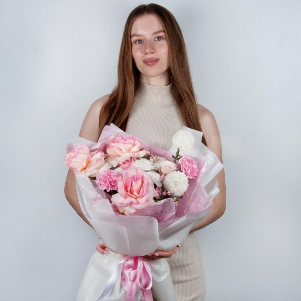 Rose Esperance - 5, Momoko Chrysanthemum - 2, Baltica White Spray Chrysanthemum - 2, Pink carnation - 7, Pink Lisianthus (Eustoma) - 1,  Bouvardia, Wrapping Paper