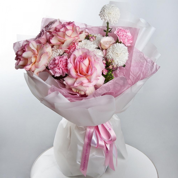 Rose Esperance - 5, Momoko Chrysanthemum - 2, Baltica White Spray Chrysanthemum - 2, Pink carnation - 7, Pink Lisianthus (Eustoma) - 1,  Bouvardia, Wrapping Paper