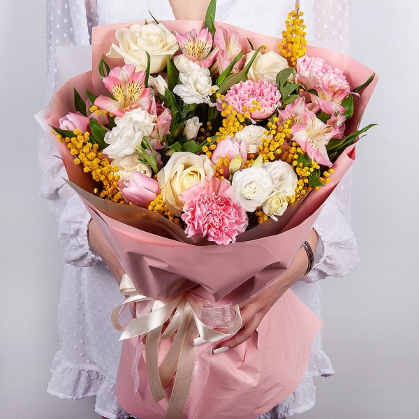 White rose 50 cm - 3, Alstromeria white, soft pink - 3, White spray carnation - 1, lisianthus - 1, Pink tulip - 11, Mimosa - 1, Pink carnation - 7, Wrapping Paper