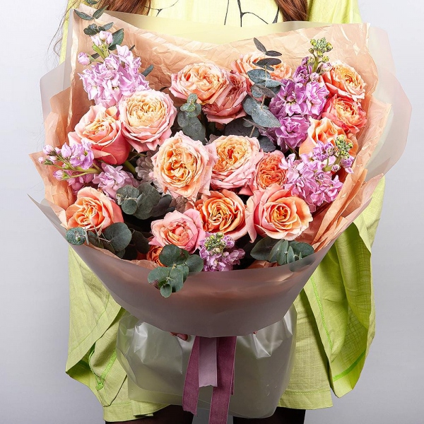 Pink-orange rose Phoenix 50 cm - 9, Spray rose: yellow, orange 50 cm - 5, Matthiola Lilac - 5, Eucalyptus, Wrapping Paper