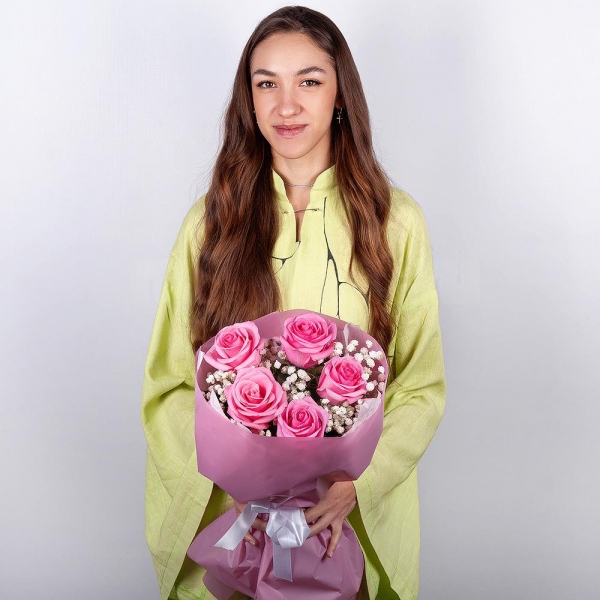 Pink rose 50 cm - 9, Gypsophila - 1, Wrapping Paper