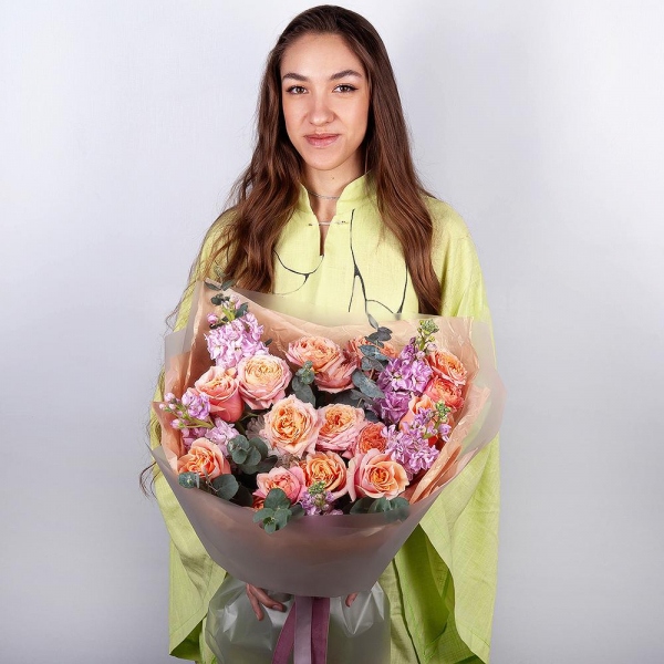Pink-orange rose Phoenix 50 cm - 13, Spray rose: yellow, orange 50 cm - 5, Matthiola Lilac - 5, Eucalyptus, Wrapping Paper