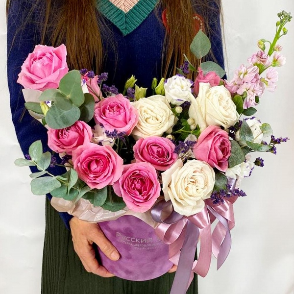 Rose pink Kenya - 13, White rose 50 cm - 5, Pink Matthiola - 2, Purple Lisianthus (Eustoma) - 2, Round flower box small , Oasis, Eucalyptus Cinerea, Limonium (1 pc.), Hypericum, Ribbon, Wrapping Paper